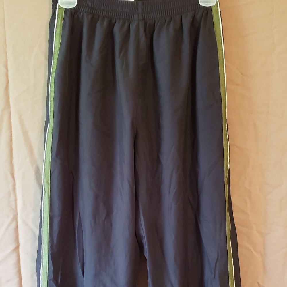 Premier, LG (12/14) Exercise black pants w/olive green & white stripes